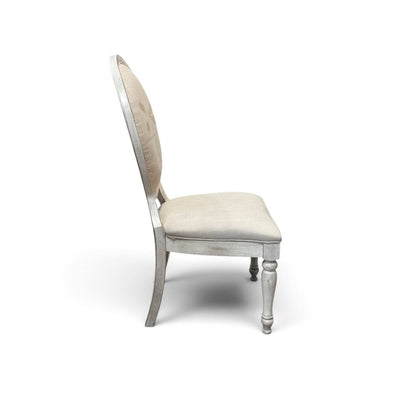 Dragonfly Upholstered Whitewashed Round Dinning Table with 6 Chairs and 2 Leaves