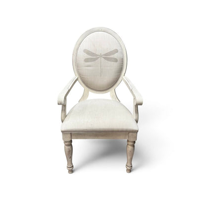 Dragonfly Upholstered Whitewashed Round Dinning Table with 6 Chairs and 2 Leaves