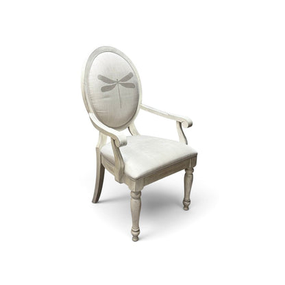 Dragonfly Upholstered Whitewashed Round Dinning Table with 6 Chairs and 2 Leaves