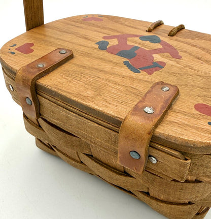 Longaberger 1985 Woven Wood Picnic Basket with Painted Rocking Horse Lid