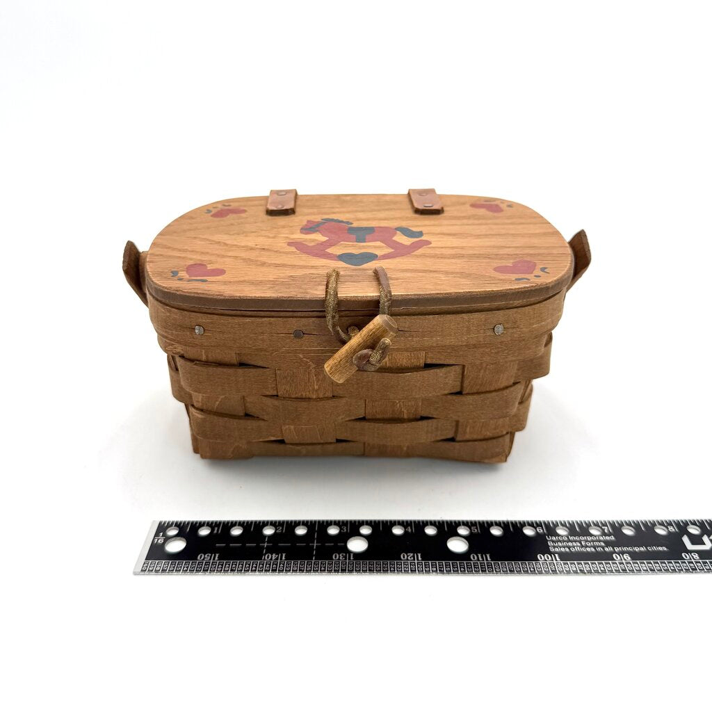 Longaberger 1985 Woven Wood Picnic Basket with Painted Rocking Horse Lid