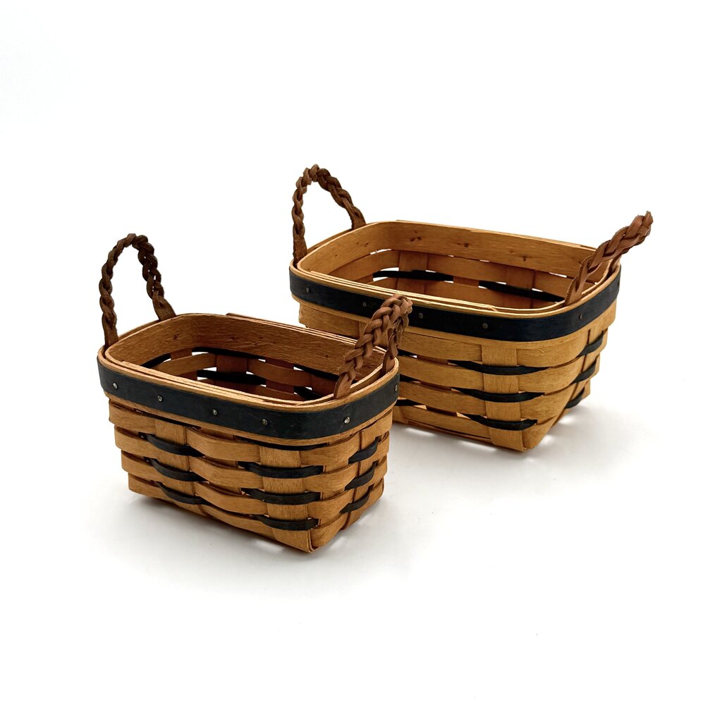 Set of 2 Small Longaberger Rectangle Baskets with Leather Braid Handles