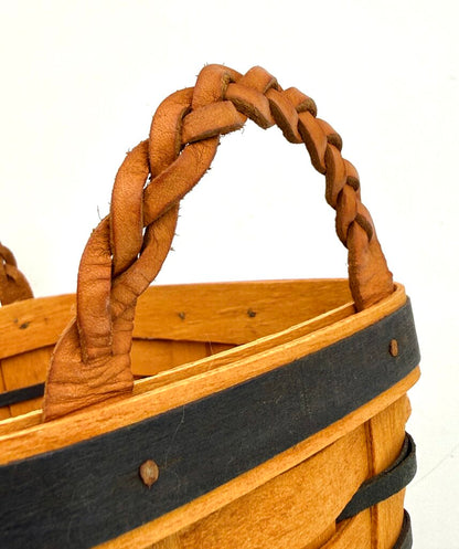 Set of 2 Small Longaberger Rectangle Baskets with Leather Braid Handles