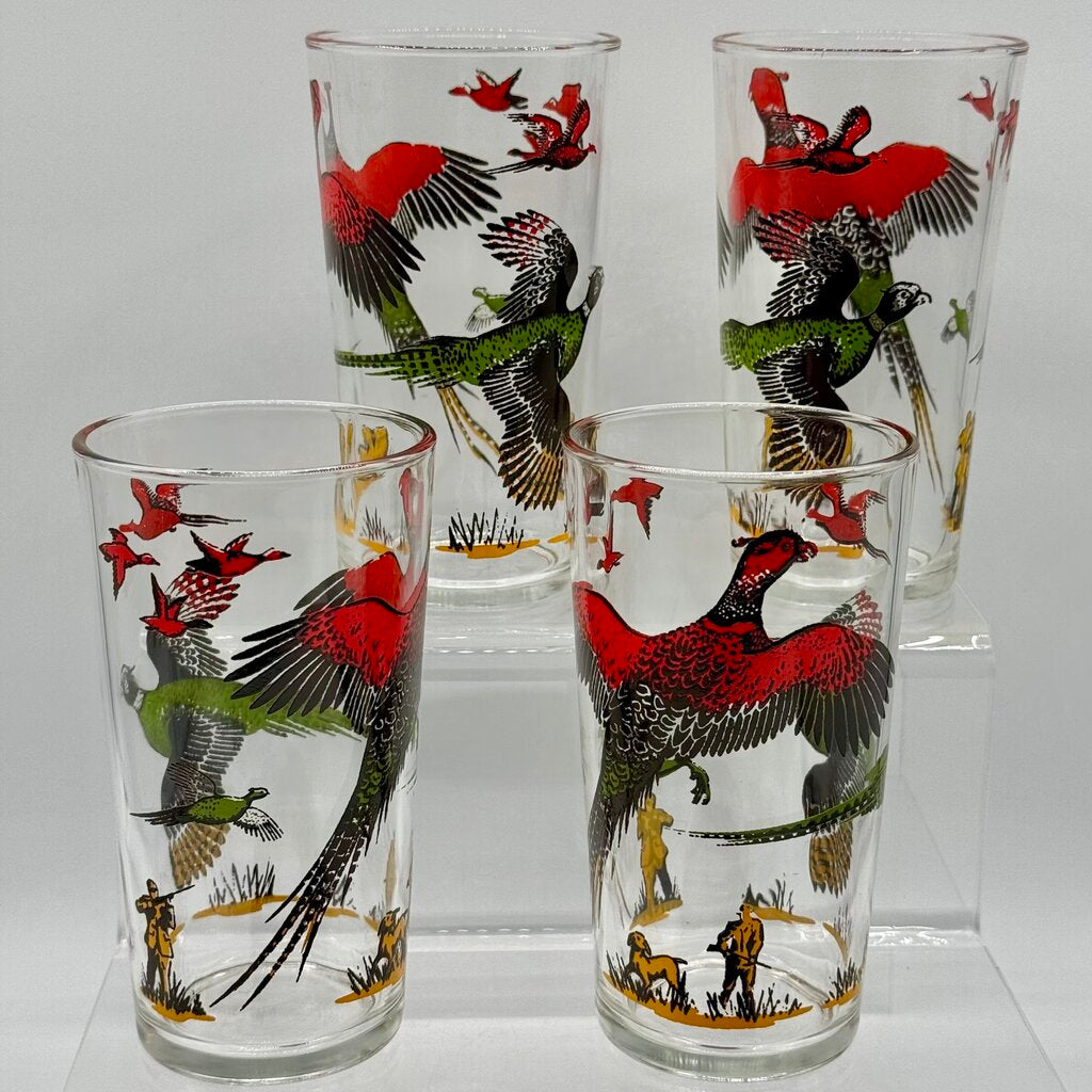 Set of 4 MCM Hazel Atlas Pheasant Hunting Vintage Bar Drinking Glasses /hy