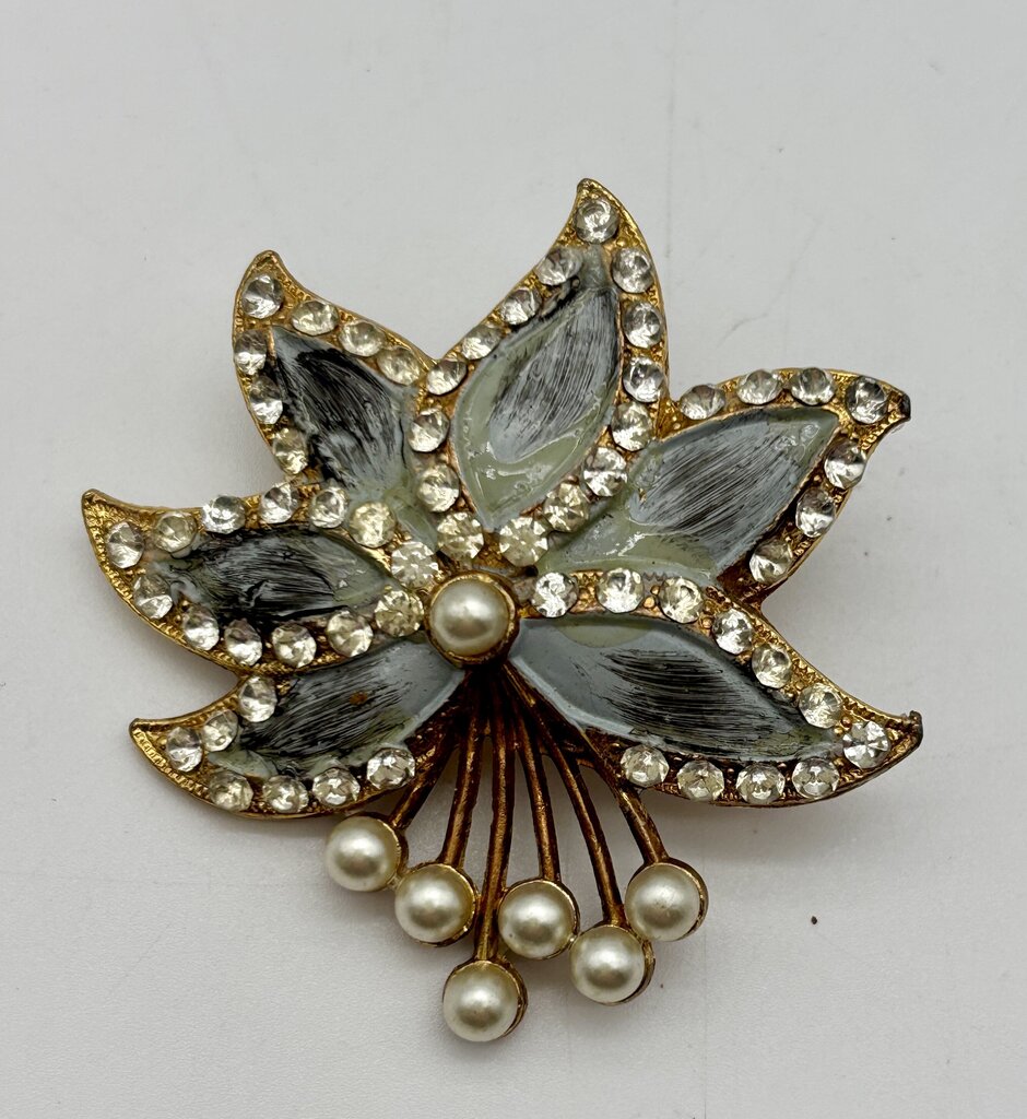 Vtg. Flower Power Brooch Lot 3 Pc. Retro Enament Pearl Pink Rhinestone Pins /j