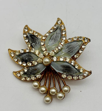 Vtg. Flower Power Brooch Lot 3 Pc. Retro Enament Pearl Pink Rhinestone Pins /j