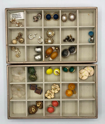 23 Vtg Pair Clip Earrings w/ 2 Storage Trays /b