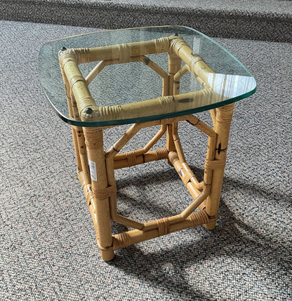 Vintage MCM Rattan Glass Top Side Table