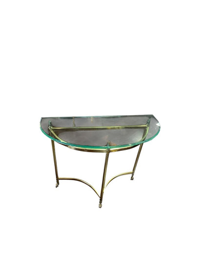 Vintage Half Moon Glass Top Brass Metal Hoofed Foot Console Table