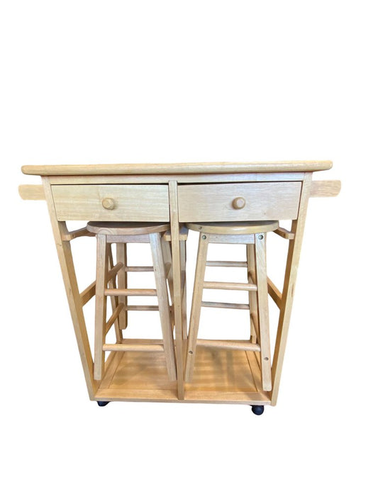 Drop Leaf Kitchenette Cart with Two Stored Stools with Wheels