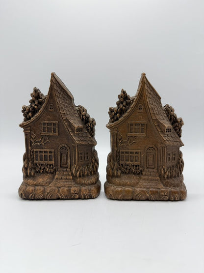 Vintage Set of Ornawood Bookends Brown House /rw