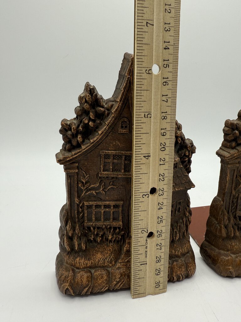 Vintage Set of Ornawood Bookends Brown House /rw