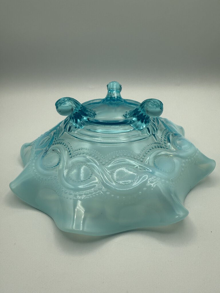 Antique Jefferson Opalescent Blue Wave & Ruffle Glass Bowl /ro