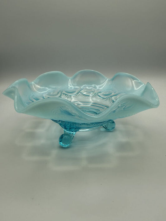 Antique Jefferson Opalescent Blue Wave & Ruffle Glass Bowl /ro