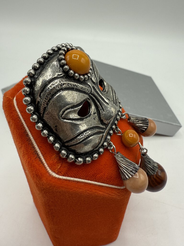 Unique Brooch/Pin Metal Mask with Agate stone Beads /ro