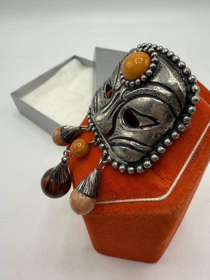 Unique Brooch/Pin Metal Mask with Agate stone Beads /ro