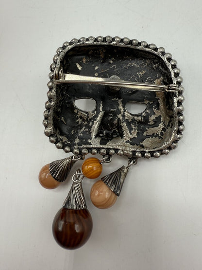 Unique Brooch/Pin Metal Mask with Agate stone Beads /ro