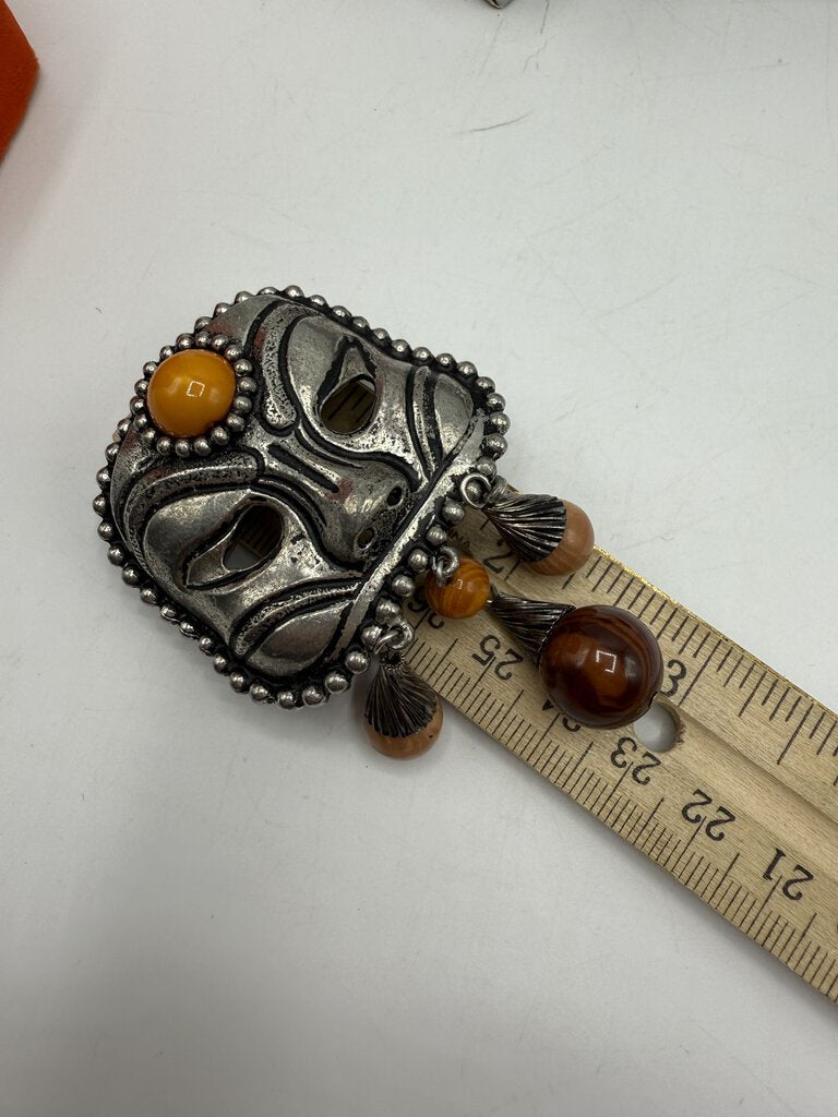 Unique Brooch/Pin Metal Mask with Agate stone Beads /ro