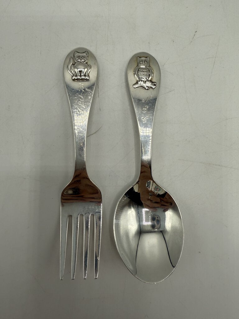 Reed & Barton Baby Spoon & Fork Owl & Kitty Cat /ro