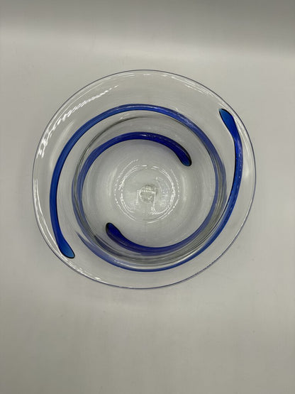 Blenko Clear Glass Bowl w/Applied Cobalt Blue Swirl /rb