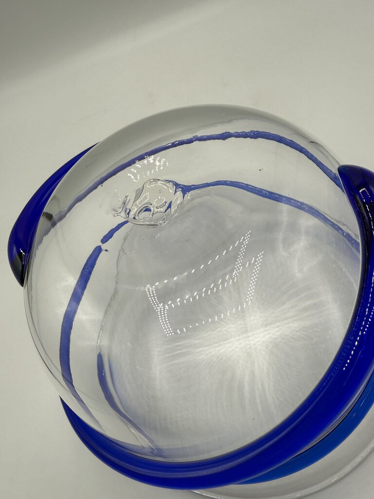 Blenko Clear Glass Bowl w/Applied Cobalt Blue Swirl /rb