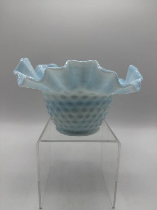 Vintage Fenton Blue & White Swirl Hobnail Milk Glass Dish Ruffled Edge /ro