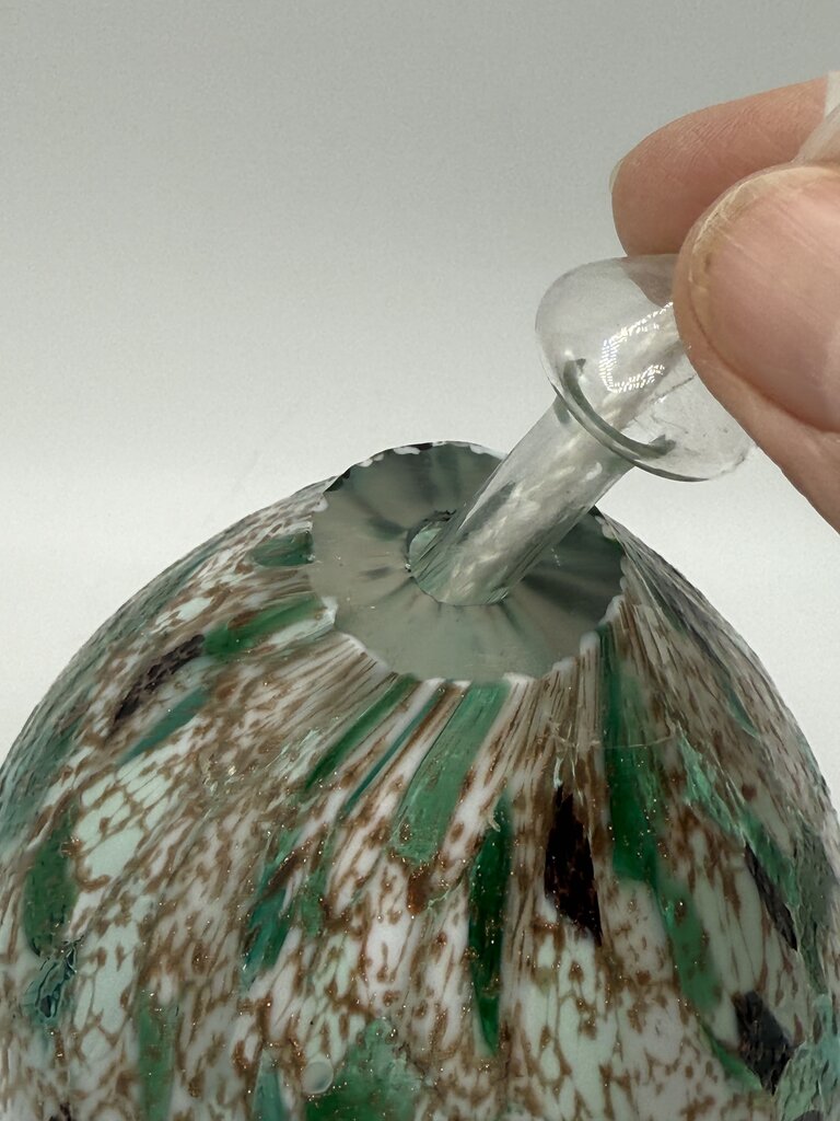 Colorful Green, White, Gold Blown Glass Oil Lamp Footed.