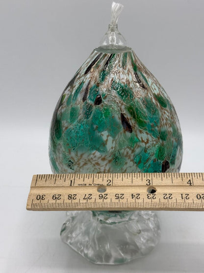 Colorful Green, White, Gold Blown Glass Oil Lamp Footed.