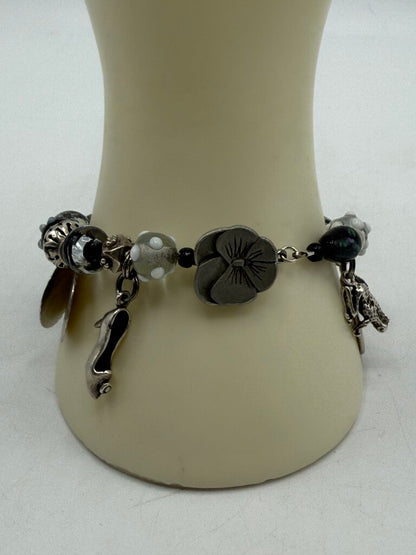 Glass Bead Bracelet & 10 Sterling Silver Charms 7” /ro
