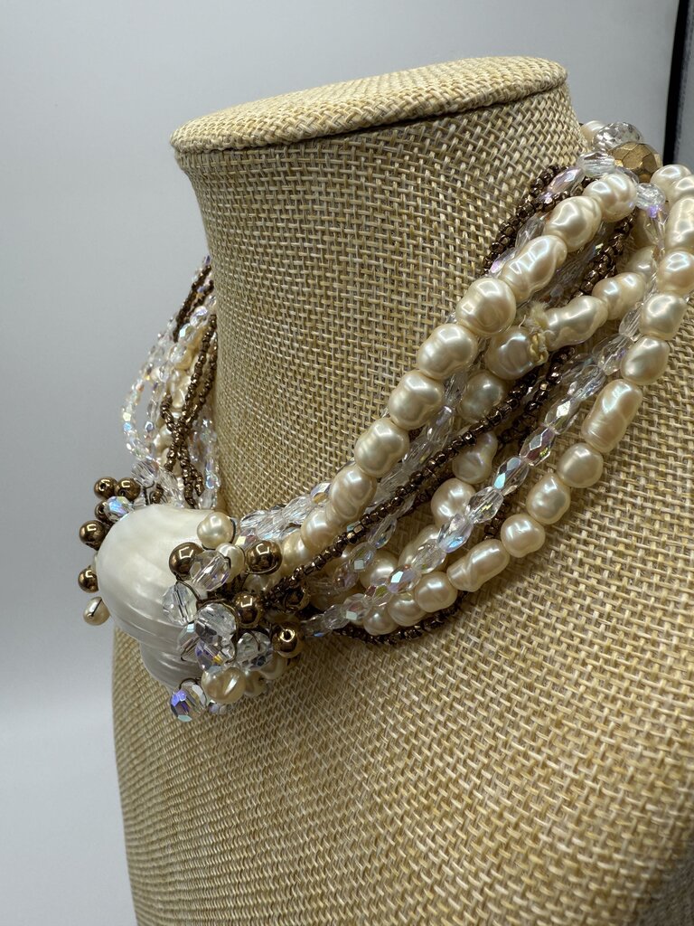 Statement Choker Necklace Seed Pearls Crystals Sea Shell Set /ro