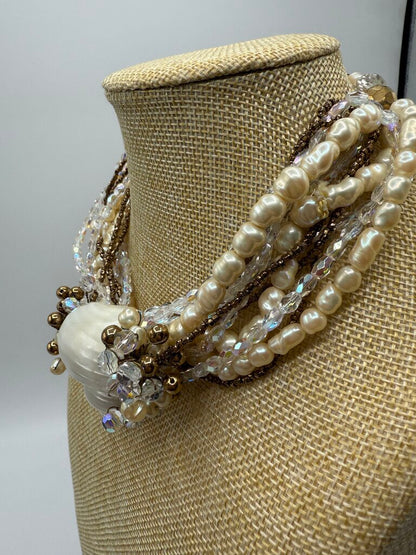 Statement Choker Necklace Seed Pearls Crystals Sea Shell Set /ro