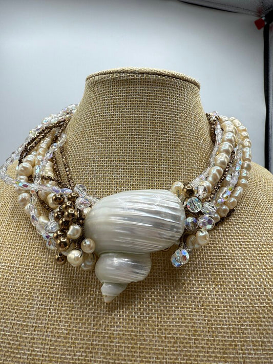 Statement Choker Necklace Seed Pearls Crystals Sea Shell Set /ro