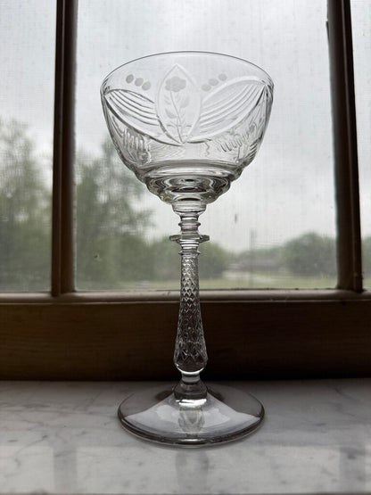 Libbey Rock Sharpe Crystal Etched Floral Champagne Glasses/Tall Sherbet set of 7 /rw