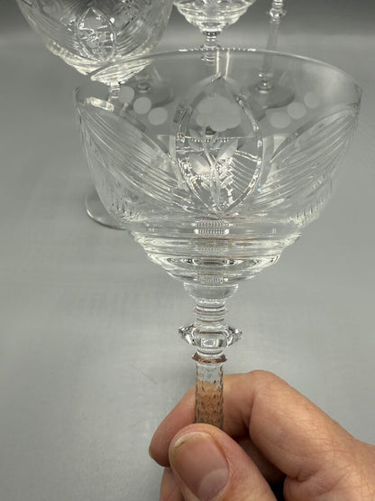 Libbey Rock Sharpe Crystal Etched Floral Champagne Glasses/Tall Sherbet set of 7 /rw