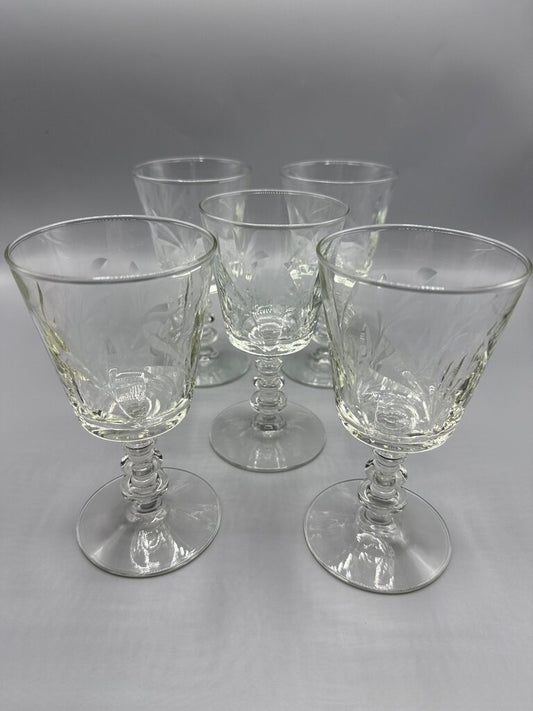 VTG 5 Libbey Rock Sharpe Crystal Fleur De Lis Water Goblets /rw