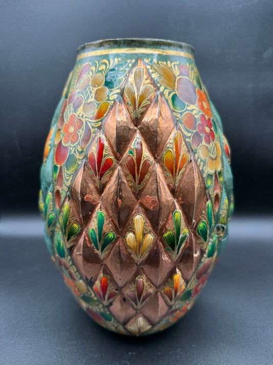 Novica Collection Mexico Vase 10.25” Copper Base Handpainted /roh