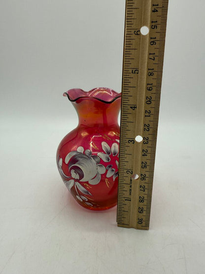 VTG Handpainted Cranberry Vase w/Ruffled Edge 4.5” /rw