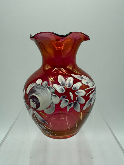 VTG Handpainted Cranberry Vase w/Ruffled Edge 4.5” /rw