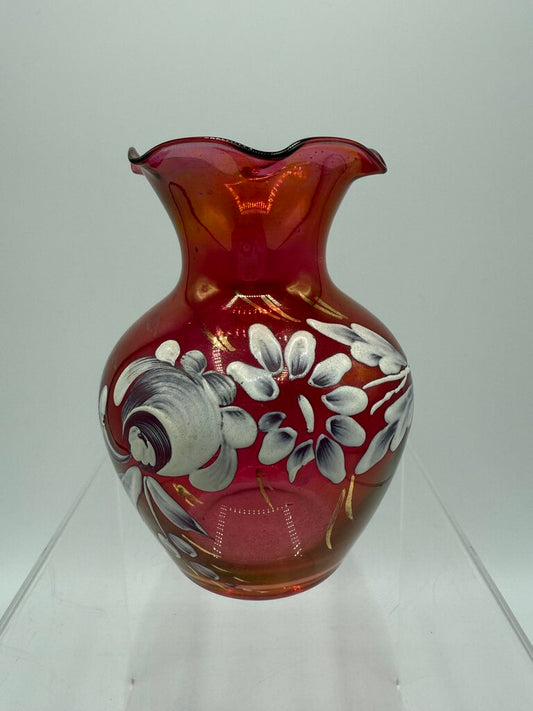 VTG Handpainted Cranberry Vase w/Ruffled Edge 4.5” /rw