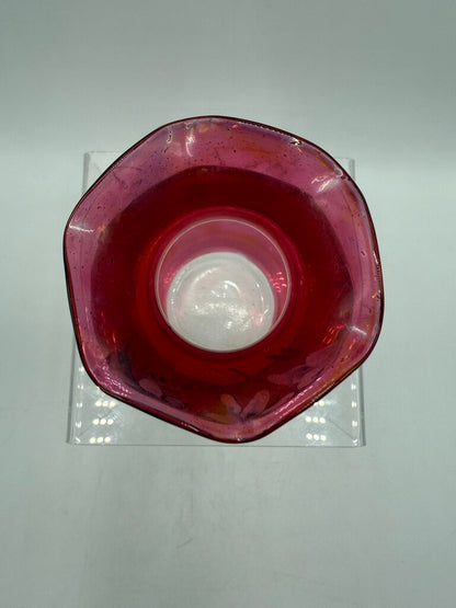 VTG Handpainted Cranberry Vase w/Ruffled Edge 4.5” /rw
