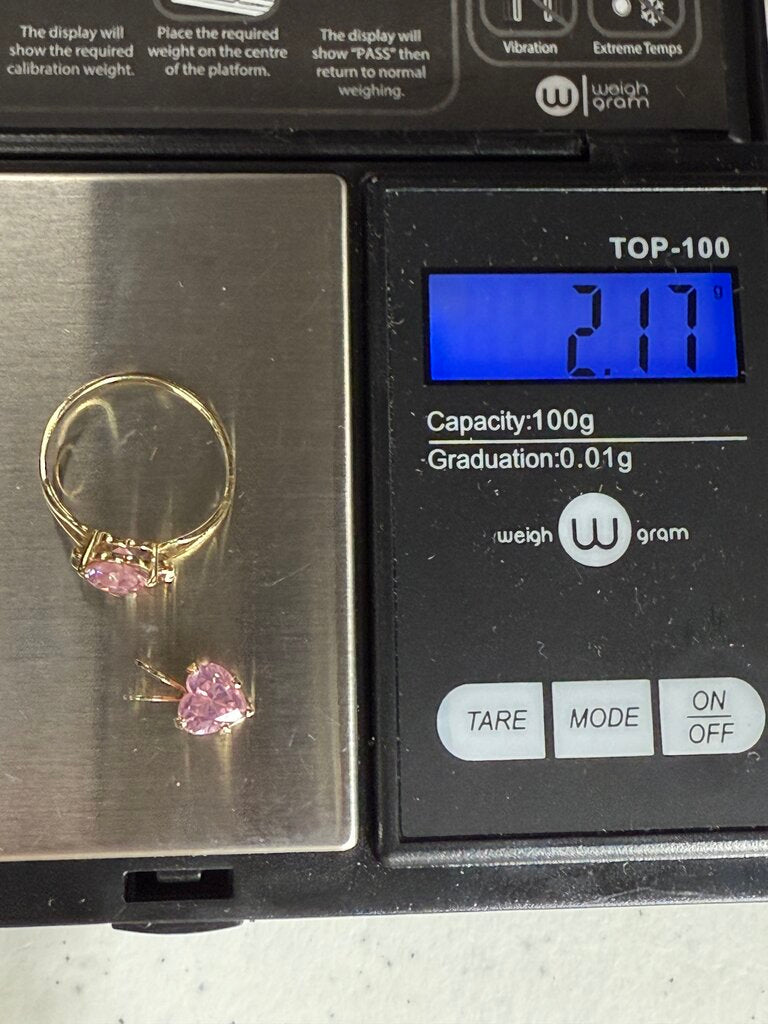 VTG Heart Shape Pink Gemstone Ring 10Kt Pendant 14Kt Pierced Earrings /ro