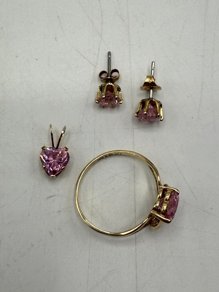 VTG Heart Shape Pink Gemstone Ring 10Kt Pendant 14Kt Pierced Earrings /ro