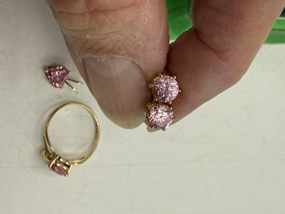 VTG Heart Shape Pink Gemstone Ring 10Kt Pendant 14Kt Pierced Earrings /ro