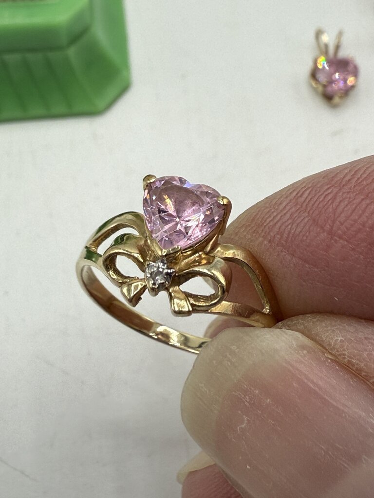 VTG Heart Shape Pink Gemstone Ring 10Kt Pendant 14Kt Pierced Earrings /ro