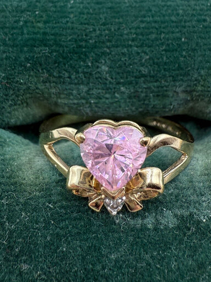 VTG Heart Shape Pink Gemstone Ring 10Kt Pendant 14Kt Pierced Earrings /ro