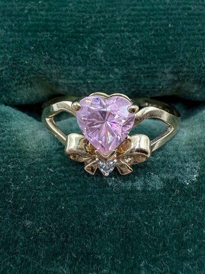 VTG Heart Shape Pink Gemstone Ring 10Kt Pendant 14Kt Pierced Earrings /ro