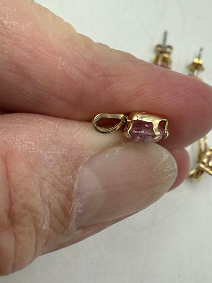 VTG Heart Shape Pink Gemstone Ring 10Kt Pendant 14Kt Pierced Earrings /ro