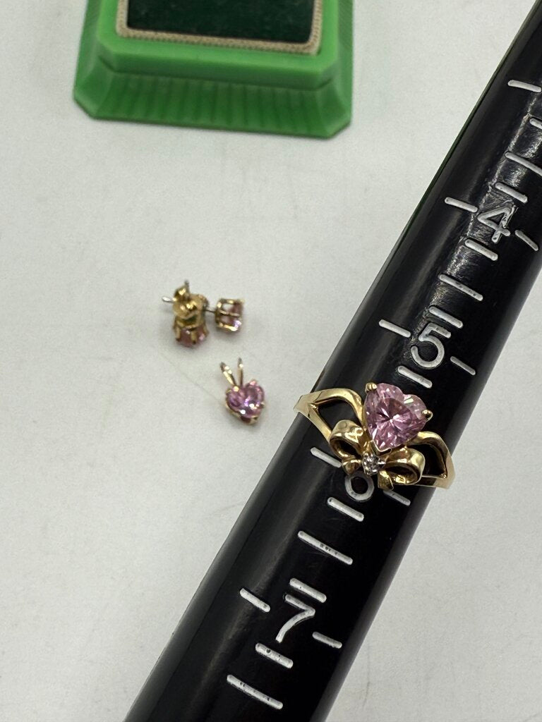 VTG Heart Shape Pink Gemstone Ring 10Kt Pendant 14Kt Pierced Earrings /ro