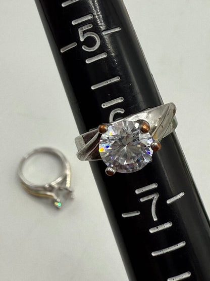 Two RSC Round Cubic Zirconia Solitaire Stone Silver Tone Size 6 Rings /ro