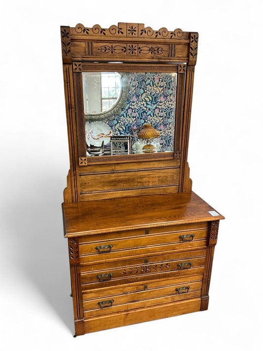 Antique Oak 3 Drawer Vanity w/ Mirror